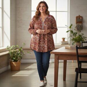 Lucky Brand Womens Tunic Top 3X Boho Floral Long Sleeve Festival Peasant Shirt